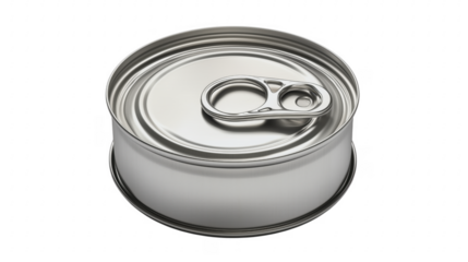 Shiny metallic canned food container isolated on transparent background with opening pull tab