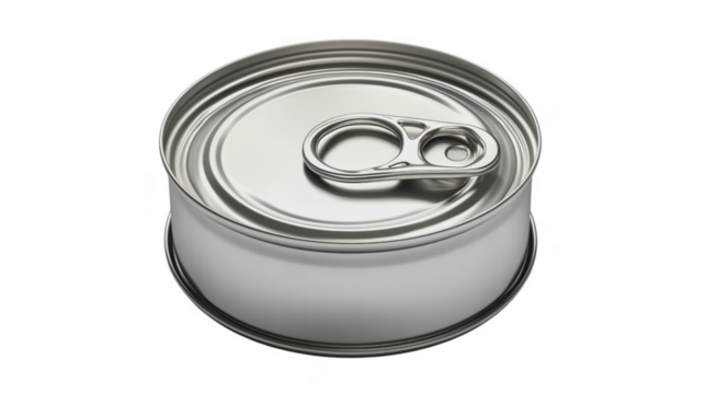 Shiny metallic canned food container isolated on transparent background with opening pull tab