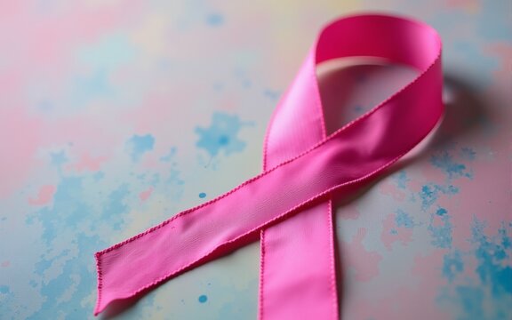 A vibrant pink ribbon rests against a textured, colorful background, symbolizing breast cancer awareness and support for those affected by the disease. High quality