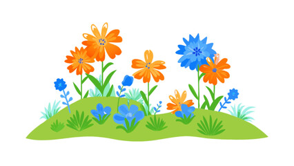 Watercolor flower garden illustration with orange and blue blooms on green hill design