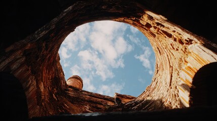 Ascending view through rough stone tunnel to a clear blue sky, speckled with clouds, showing texture