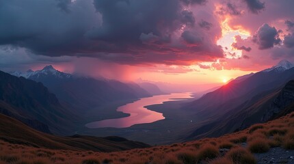 Obraz premium A breathtaking mountain landscape at sunset, with the sun casting a warm, golden glow over the rugged peaks