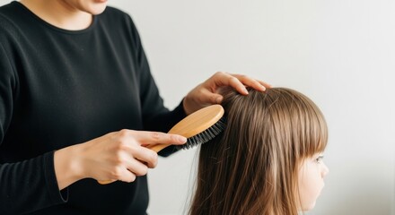 Fototapeta premium A woman gently brushes a young girl's long, straight brown hair with a wooden-handled brush. The setting is simple and bright, focusing on the tender interaction
