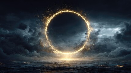 Golden ring portal in stormy sky