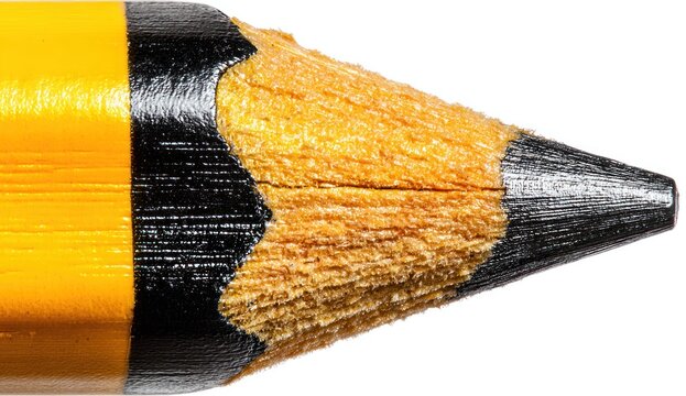 Macro shot of a sharpened pencil tip with a yellow and black casing, revealing the graphite core