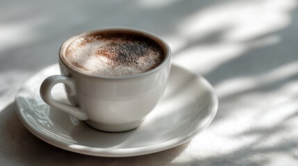 Fototapeta premium Close-up of a white cup of coffee on a saucer. the cup is filled with a dark brown liquid, which appears to be a latte or cappuccino.