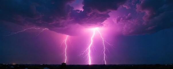 Spectacular lightning bolt striking during a powerful summer thunderstorm, illuminating the dark sky Dramatic cloudscape with intense energy , power, lightning strike, wide