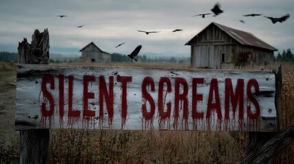 Weathered Wooden Sign with "Silent Screams" in a Field