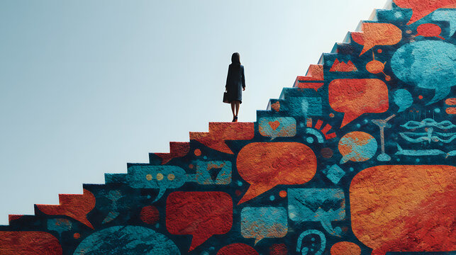 Collage of businesswoman climbing copy space speech ubble staircase reaching uward. Concept of career deelopment, business converstion, communication growth and leadership progress.