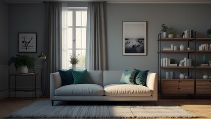 Fototapeta premium A modern, elegant indoor background. Bright soft natural light coming from a large window on the right side, creating gentle highlights and shadows. Interior walls are not plain, but with soft variati