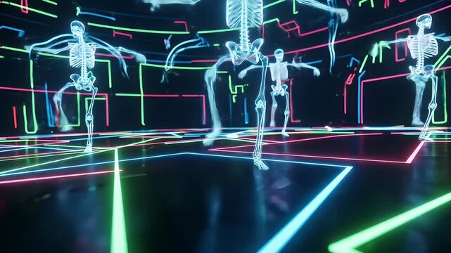 Skeletons dance in a neon grid world, with lines defining shapes in a dark space