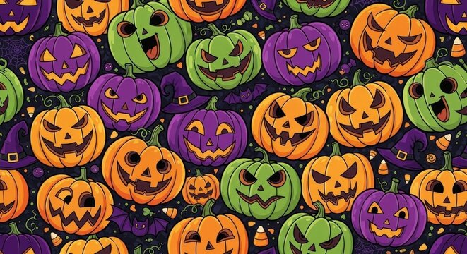 A colorful pattern of grinning jack-o'-lanterns in orange, green, and purple, interspersed with witch hats and bats, on a dark backdrop