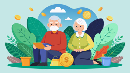 Senior couple planning finances with tablet surrounded by money symbols and greenery