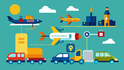 Fototapeta premium Colorful transportation and logistics concept with airplanes, cars, trucks, and delivery icons in flat design style