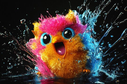 Brightly colored furry creature surrounded by vibrant splashes of paint in an imaginative setting at night