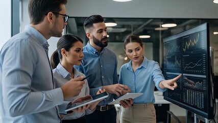 Four colleagues review stock data on a screen, holding tablets, in bright office - Powered by Adobe