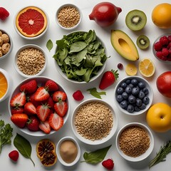 Minimalist flat lay of assorted healthy food ingredients such as fresh leafy greens, vibrant fruits, and whole grains, arranged in a deliberate and balanced composition on a clean and pristine