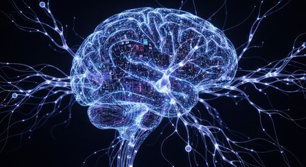 A luminous translucent blue brain model features intricate internal circuits and glowing neuron-like extensions set against a dark background