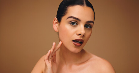 Cosmetology, makeup portrait and woman in studio with flawless complexion, cosmetics and lipstick....