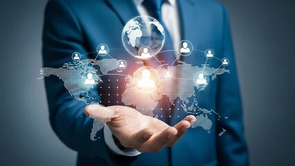 Global Network and Business Connections: Businessman Holding Holographic World Map, Representing International Collaboration, Technology, and Global Reach in Business - Powered by Adobe