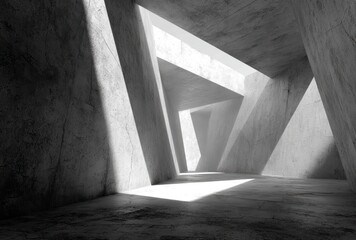 Abstract b&w light streams through triangular openings in a textured, concrete structure, creating a stark contrast between light and shadow