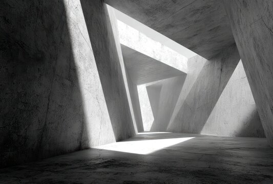 Abstract b&w light streams through triangular openings in a textured, concrete structure, creating a stark contrast between light and shadow