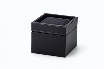 a black leather watch box with an open lid, square in shape with soft gray velvet lining inside and copper trim along the edges.