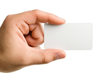 A caucasian hand holding a blank, rounded corner card on a white background, isolated and close-up