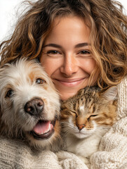 Young smiling caucasian woman with curly fair hair  hugging a cat and dog as a proud pet owner as a concept of love to animals and care