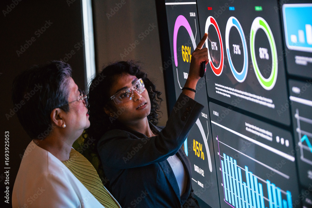 Aufkleber two professionals discuss strategy in modern office, analyzing interactive dashboard with charts and