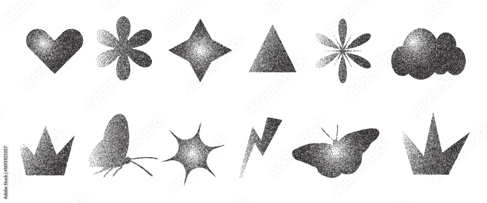 Poster geometric figures with grain noise gradient texture. y2k retro stippling forms set. butterfly, crown