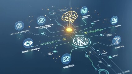 Abstract digital render featuring a brain, icons, and connected lines on dark blue - Powered by Adobe