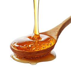 Fresh honey flowing on wooden spoon in levitation isolate on transparent white background