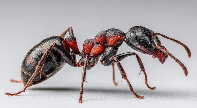 Macro shot of a black and red ant with segmented body on gray background, detailed exoskeleton and legs visible