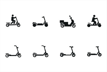 Fototapeta premium Set of black silhouette icons of electric scooters in various styles and designs. Perfect vector collection for transportation apps, eco mobility illustrations, and modern urban graphics.
