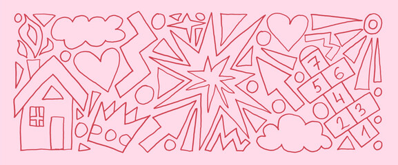 Girly hand drawn elements set. Pink and red crayon drawn crown and house, hopscotch, sun and clouds doodle shapes pattern background. Kindergarten naive marker figures. Vector illustration.