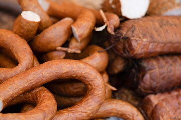 Sausages displayed at a local fair food stall during daytime