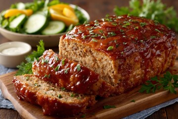 A meatloaf on a cutting board with a side salad