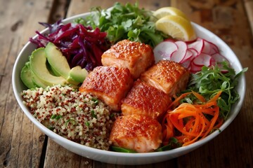 A white bowl filled with salmon, vegetables and quinoa on a wooden table