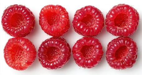 Eight ripe raspberries arranged in two rows of four against a bright white background, showcasing texture and color