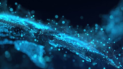 Abstract rendering features a swirling pattern of luminous teal dots interconnected by subtle lines, set against a dark backdrop