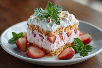 A piece of strawberry shortcake on a white plate with strawberries and whipped cream