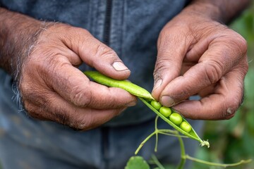 Hands carefully shelling fresh green peas from a pod in a field