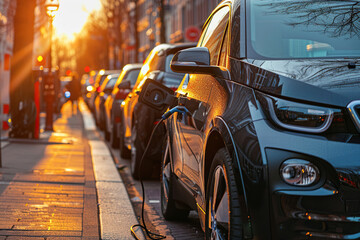 Power source for charging battery of beautiful hybrid electric car on road, abstract vivid composition consists of fictional unreal fantastic vision on background