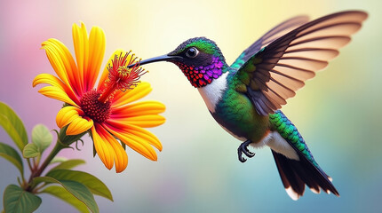Obraz premium A hummingbird hovers above a vibrant flower, showcasing its iridescent feathers and delicate wings in motion