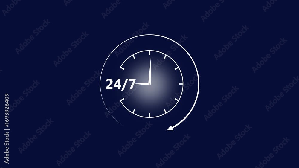 Poster animated clock with 24/7 availability on a deep blue background