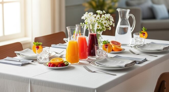A beautifully set breakfast table with colorful juices, fresh fruit, and flowers