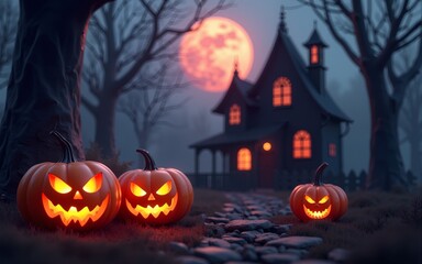 Halloween background with pumpkins and haunted house - 3D render. Halloween background with Evil Pumpkin. Spooky scary dark Night forrest. Holiday event halloween banner background concept