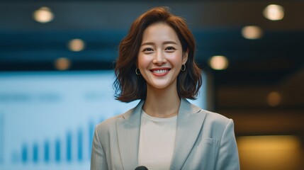 Positive Asian female leader in conference hall portrait image. Young successful Korean female startupper photography human scene. Business public speaker concept photo-realistic