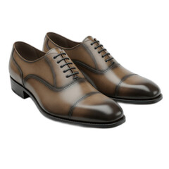 Two polished, brown leather lace-up shoes display a gradient tone and meticulous craftsmanship.